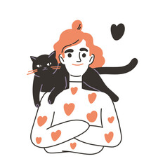 Cat lover doodle concept. Woman with black kitty at shoulders. Love and care about pets. Poster or banner for website. Simple flat vector illustration isolated on white background