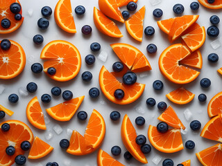 Orange slices and blueberries on white background.