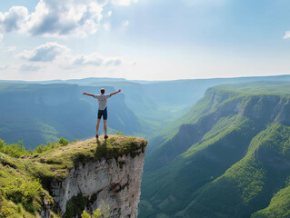 standing on a cliff edge, facing a vast panorama of a valley, with arms raised high, feeling liberated and free