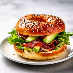 a delectable burger featuring prosciutto, cream cheese, avocado, and lettuce.