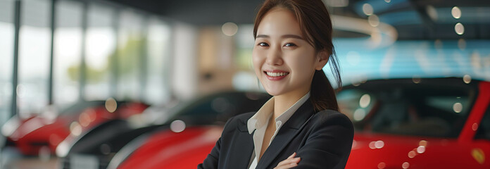 Asian female car salesperson smiling confidently in sports car showroom.