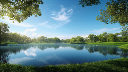 serene Outlook, showcasing a tranquil lake surrounded by lush greenery under a clear blue sky, with reflections on the water, natural lighting, detailed textures of trees and grass, and a wide angle p