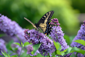 Fototapeta premium butterfly on a lilac bush, with purple flowers and green leaves