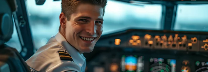 Poster Caucasian male airplane captain wearing uniform in cockpit. © S photographer