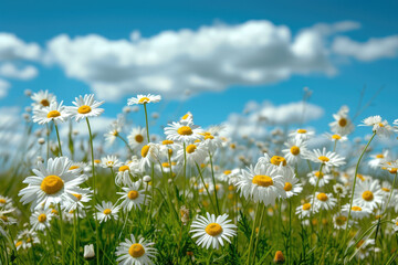 field of daisies, with a blue sky and white clouds.