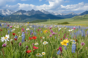 field of wildflowers in the spring, with a mountain range in the background
