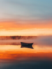 small boat sailing on a calm lake at dawn, surrounded by fog, conveying a peaceful sense of freedom