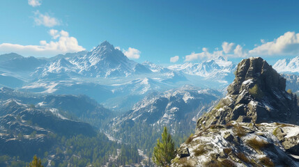 mountaintop view, with crisp details of rugged terrain, snow-capped peaks in the distance, clear blue sky, and dynamic lighting casting long shadows, conveying a sense of adventure and majesty