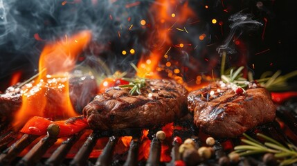 an outdoor barbecue grill as flames dance around succulent meats and vegetables, evoking the mouthwatering aroma of grilled delicacies in the open air.