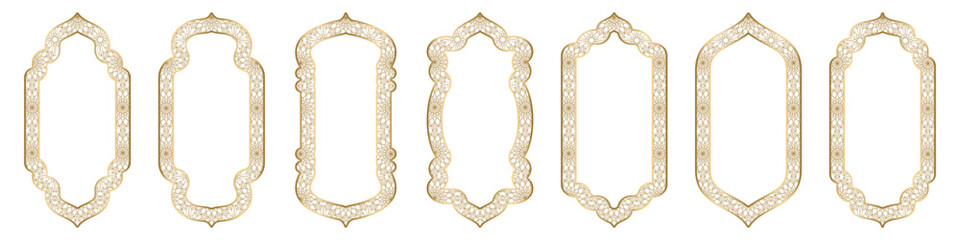 Gold arch frame shape Islamic door or window with geometric girikh pattern, silhouette Arabic arch. Collection in oriental style. Frames in Arabic Muslim design for Ramadan Kareem. Vector illustration - obrazy, fototapety, plakaty