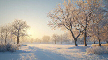 winter scene in Outlook, featuring a snow-covered landscape, bare trees with detailed frost, a soft winter sun, and a clear sky, capturing the serene and quiet essence of a winter morning