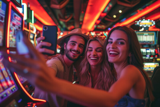 group of friends taking a selfie in a casino, with slot machines and a crowd