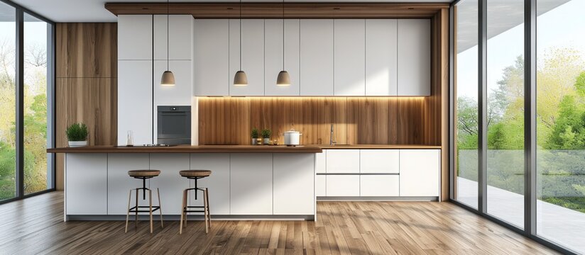 Luxury home kitchen with modern minimal style with wooden cabinet and floor. AI generated image
