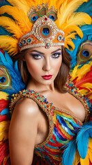 Obraz premium Vibrant Carnival Extravaganza: Captivating Portrait of a Group of Seductive Women in Colorful Sumptuous Feather Suits and Carnival Costumes - Sensual Festive Atmosphere, Exotic Beauty, Masquerade