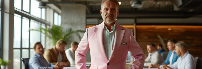 Senior Caucasian businessman standing in front of conference table with confidence in office.