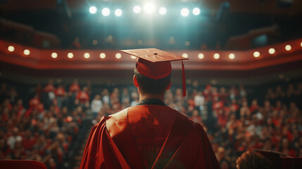 graduation ceremony, the exact moment a student receives their diploma, proud expressions, detailed textures of the gown and cap, the audience clapping in the background, warm and celebratory mood