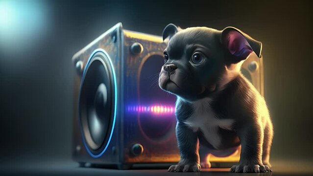 cute little dog with a sound speakers. Created with generative AI.