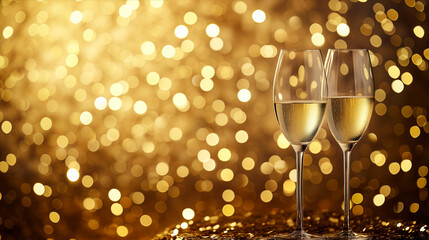 Set of two white wine glasses set on a background of sparkling gold flecks.