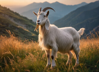 Obraz premium A goat stands in a field at sunset, during the golden hour.