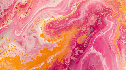 A playful and whimsical abstract painting on a marble slab with pink and yellow colors, resembling a candyland. 