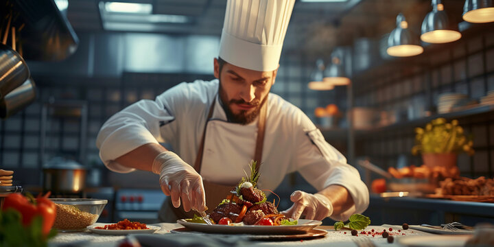 chef presenting a gourmet dish, proud and satisfied expression, intricate details of the food, warm kitchen setting