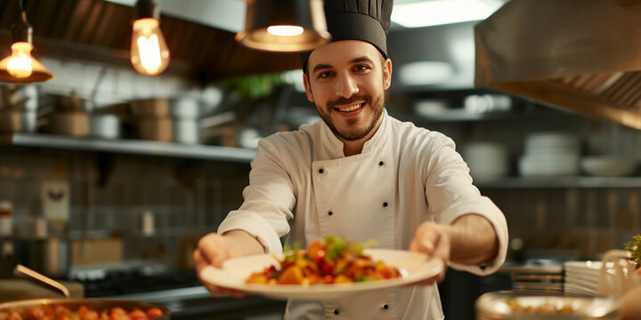chef presenting a gourmet dish, proud and satisfied expression, intricate details of the food, warm kitchen setting