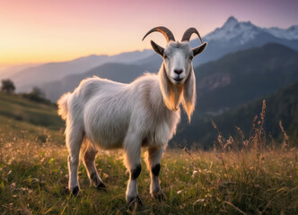 Obraz premium A goat stands in a field at sunset, during the golden hour.