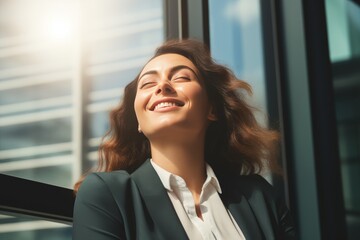 Fototapeta premium Smiling businesswoman on a sunny day, positive and cheerful professional
