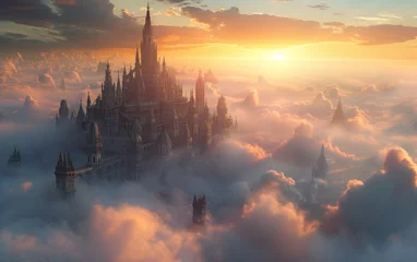 Zelfklevend Fotobehang Majestic imaginary castle floating above the clouds during a breathtaking sunset, invoking a sense of wonder and fantasy. © burntime555