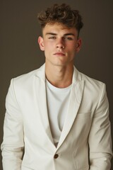 Obraz premium A Professional portrait model of a white young man wearing a white suit and a T-shirt 