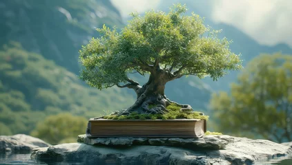 Fotobehang a bonsai tree on a book, in the style of mythology-inspired, clear edge definition, reverent and tranquil, spectacular show of ages, studyplace, calculated, unreal engine © Wiktoria