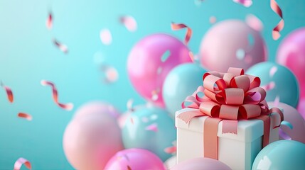 a beautifully decorated gift box surrounded by colorful balloons, perfect for birthdays, Mother's Day, weddings, Valentine's Day, or any festive celebration, conveying joy and excitement.