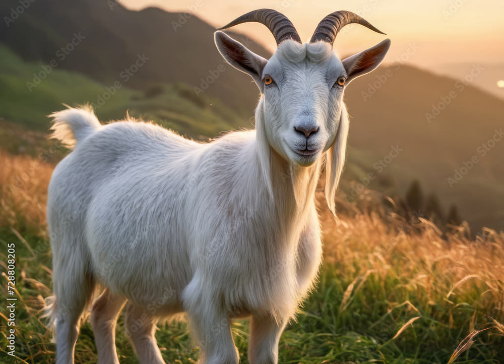 Wall mural A goat stands in a field at sunset, during the golden hour. - Wall murals