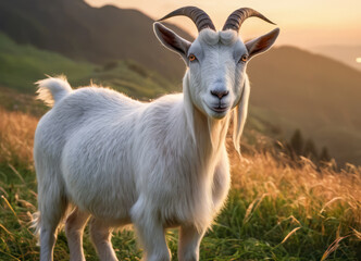 Obraz premium A goat stands in a field at sunset, during the golden hour.