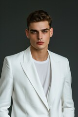 Obraz premium A Professional portrait model of a white young man wearing a white suit and a T-shirt 