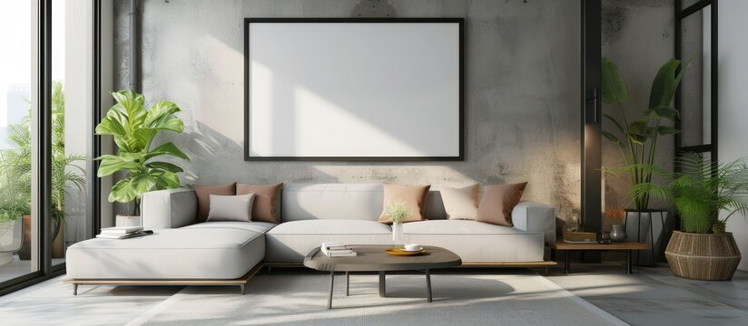 Modern minimalist modern living room with white mockup frame background. AI generated image