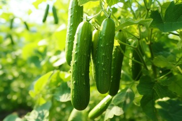 Ripe cucumbers glistening in sunlight. Fresh garden harvest, close-up shot. Lush greenhouse.