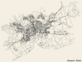 Detailed hand-drawn navigational urban street roads map of the United Kingdom city township of NEWPORT, WALES with vivid road lines and name tag on solid background