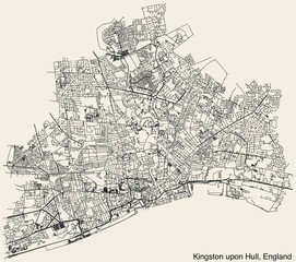 Fototapeta premium Detailed hand-drawn navigational urban street roads map of the United Kingdom city township of KINGSTON UPON HULL, ENGLAND with vivid road lines and name tag on solid background