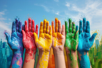 people's hands in different bright paint colors, the concept of mutual aid - obrazy, fototapety, plakaty