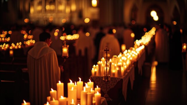 solemn church service with clergy and rows of lit candles