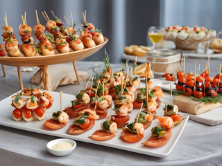 Festive table set in a modern style with canapés on skewers, bruschetta and shrimp skewers in a modern style