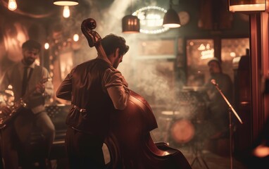 A double bass player immerses in his performance with a jazz band in a dimly lit, smoky room. - obrazy, fototapety, plakaty