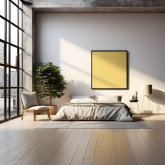 Modern loft style bedroom concept interior with light and yellow colors, panoramic windows
