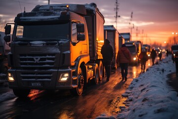 Frozen Borders: Trucks Wait in Line at the Winter Border Crossing Point, Ready to Navigate the Chilly Terrain for International Trade