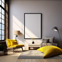 Modern loft style bedroom concept interior with light and yellow colors, panoramic windows
