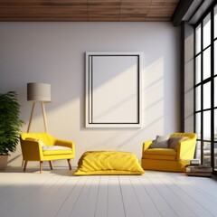 Modern loft style room, concept interior with light and yellow colors, panoramic windows
