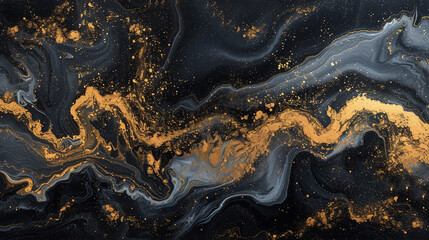 A sophisticated and luxurious abstract painting on a marble slab with gold and black colors, resembling a night sky. 