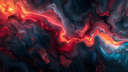 Foto op Canvas A surreal fusion of molten lava reds and cool arctic blues converging on a polished marble surface, capturing the essence of opposing forces.  © Adnan Bukhari