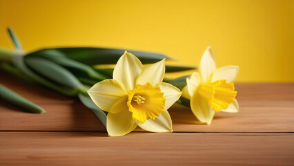 Fototapeta na wymiar Garden flowers of daffodil on yellow background.
